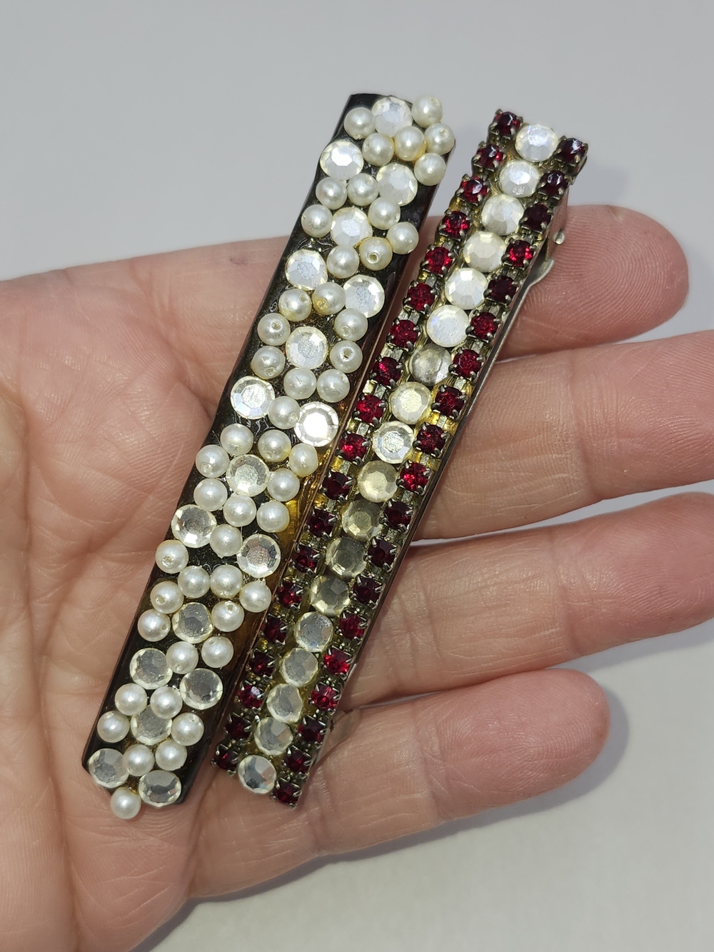 2 Made In FRANCE VINTAGE Pearl Ruby Crystal Barrette HAIR